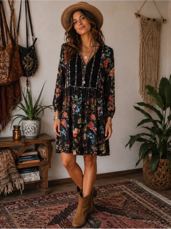 Johnny Was Dresses & Skirts - Johnny Was Black Floral V-Neck Long-Sleeve Mini Dress Boho Hippie size small